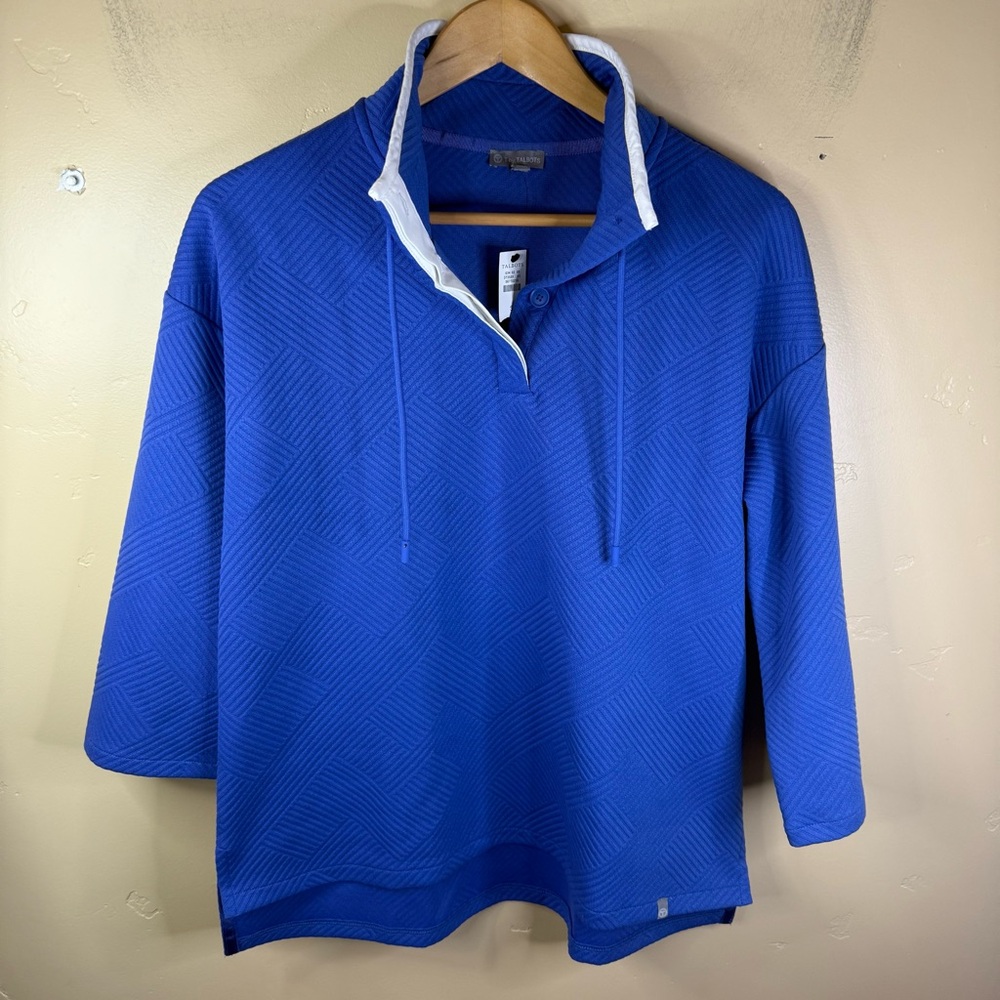 NWT T by Talbots Womens Royal Blue Mixed Quilted Button Neck Pullover Size Small